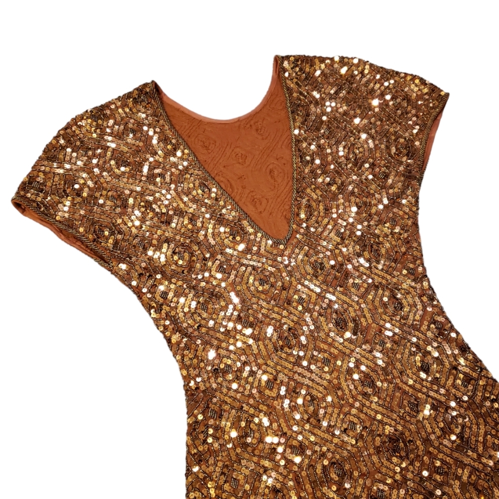 Carmen Marc Valvo Vintage Copper Sequin Sheath Dress - Picture 6 of 9